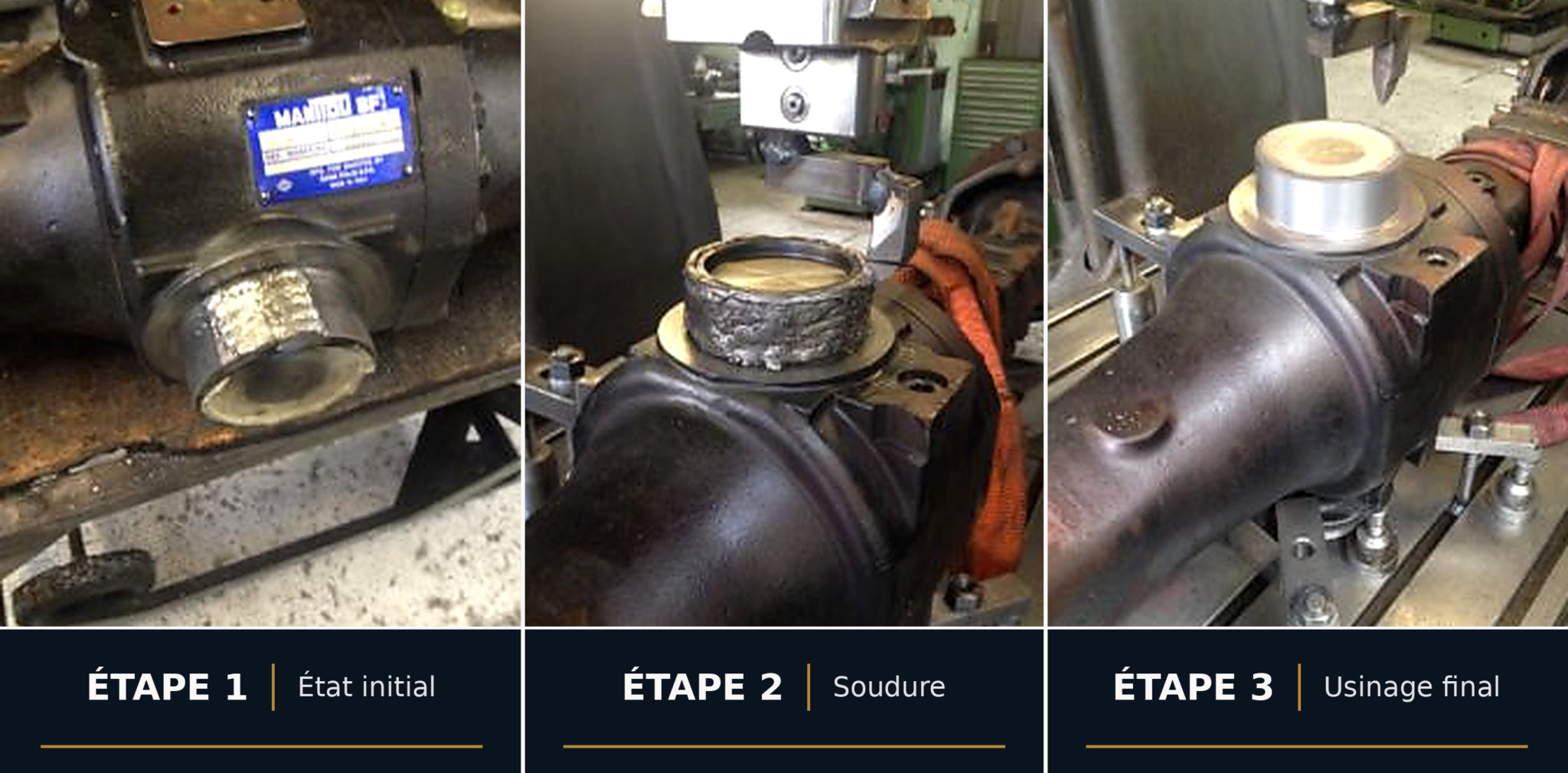 Réparation mécanique en trois étapes : état initial, soudure et usinage final